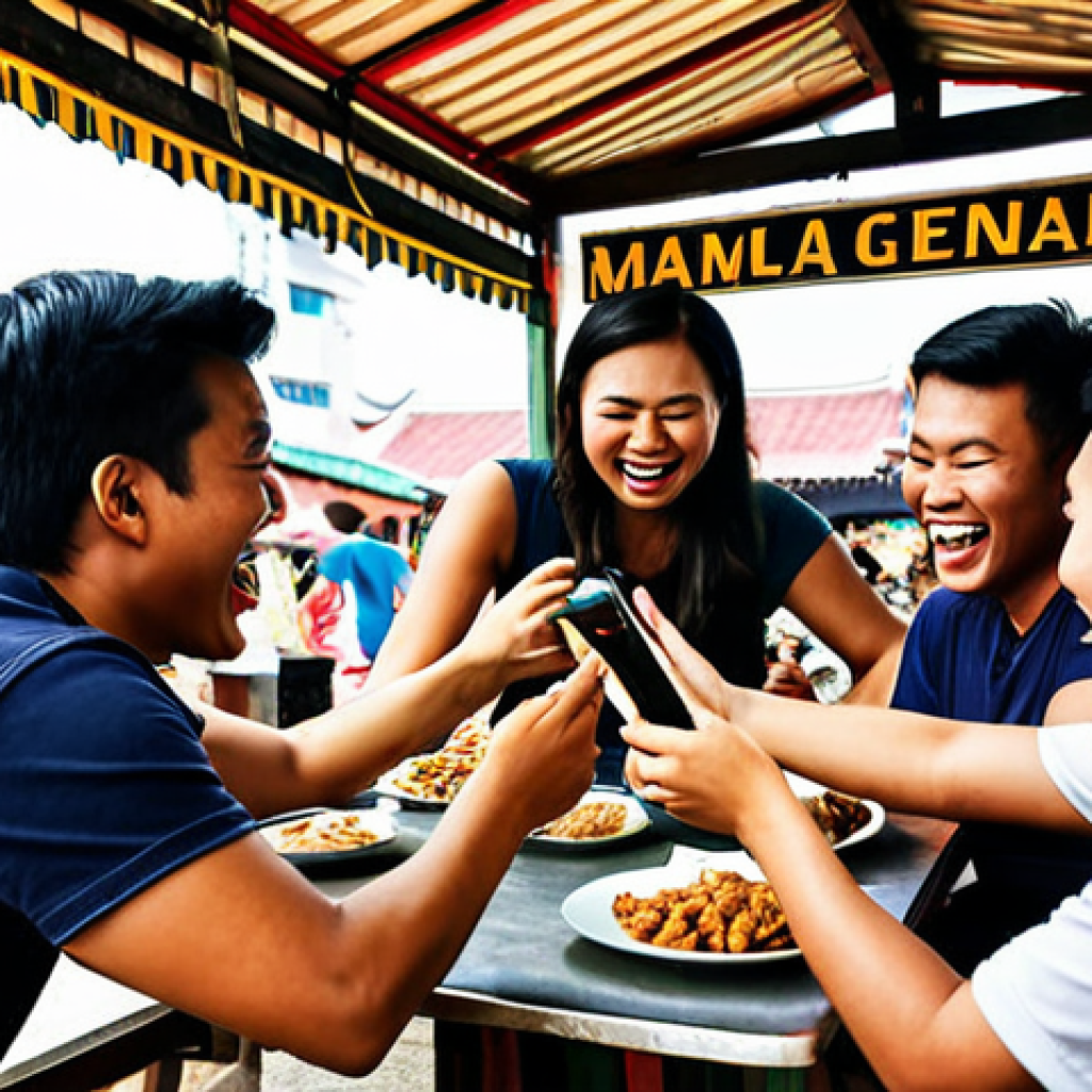 ** A group of diverse friends, laughing and high-fiving, while playing Mobile Legends on their phones in a "mamak" setting (open-air food stall common in Malaysia). Focus on the joy and camaraderie.

**
