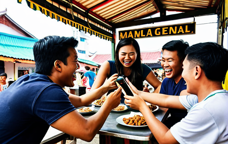 ** A group of diverse friends, laughing and high-fiving, while playing Mobile Legends on their phones in a "mamak" setting (open-air food stall common in Malaysia). Focus on the joy and camaraderie.
**