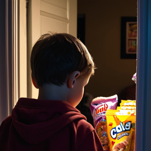 Home 14 **
A child with tired eyes intensely staring at a smartphone late at night, surrounded by junk food wrappers. The room is dimly lit, highlighting the screen's glow. In the background, a concerned parent peeks in through the slightly open door.
**