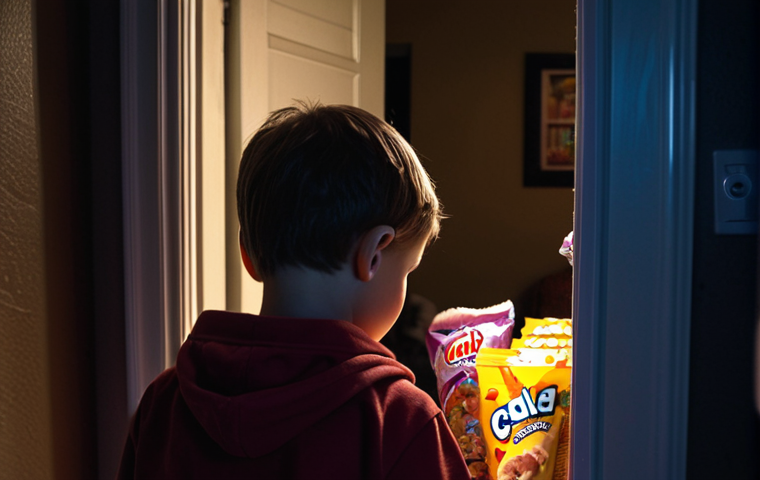 **
A child with tired eyes intensely staring at a smartphone late at night, surrounded by junk food wrappers. The room is dimly lit, highlighting the screen's glow. In the background, a concerned parent peeks in through the slightly open door.
**