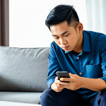 A young Malaysian man, fully clothed in a modest, professional casual shirt and trousers, is seated comfortably on a modern sofa in a well-lit living room. He is holding a sleek smartphone, looking thoughtfully at the screen with a focused expression, as if evaluating different mobile game options. The phone screen subtly displays abstract representations of various game genres and graphical quality indicators. The scene is captured with professional photography, showcasing high resolution and detailed textures under cinematic lighting. perfect anatomy, correct proportions, natural pose, well-formed hands, proper finger count, natural body proportions, safe for work, appropriate content, family-friendly.
