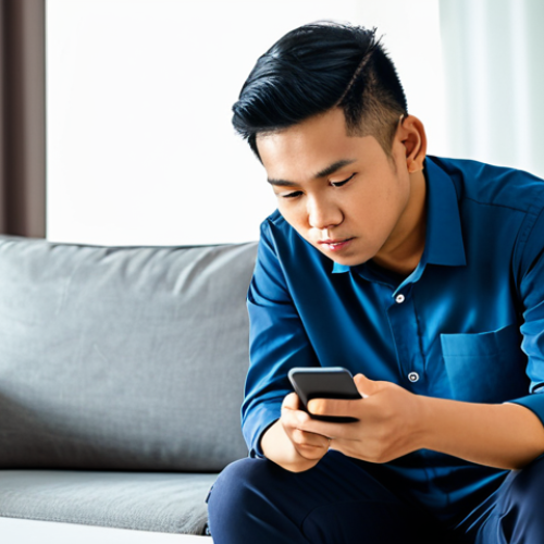 A young Malaysian man, fully clothed in a modest, professional casual shirt and trousers, is seated comfortably on a modern sofa in a well-lit living room. He is holding a sleek smartphone, looking thoughtfully at the screen with a focused expression, as if evaluating different mobile game options. The phone screen subtly displays abstract representations of various game genres and graphical quality indicators. The scene is captured with professional photography, showcasing high resolution and detailed textures under cinematic lighting. perfect anatomy, correct proportions, natural pose, well-formed hands, proper finger count, natural body proportions, safe for work, appropriate content, family-friendly.