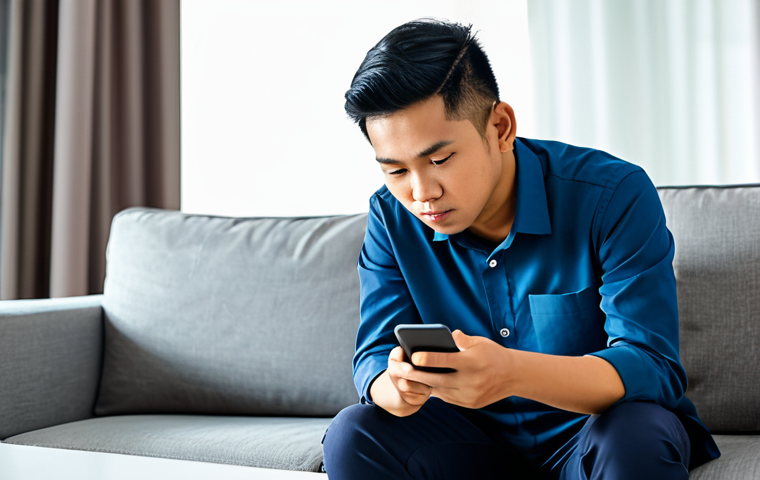 A young Malaysian man, fully clothed in a modest, professional casual shirt and trousers, is seated comfortably on a modern sofa in a well-lit living room. He is holding a sleek smartphone, looking thoughtfully at the screen with a focused expression, as if evaluating different mobile game options. The phone screen subtly displays abstract representations of various game genres and graphical quality indicators. The scene is captured with professional photography, showcasing high resolution and detailed textures under cinematic lighting. perfect anatomy, correct proportions, natural pose, well-formed hands, proper finger count, natural body proportions, safe for work, appropriate content, family-friendly.